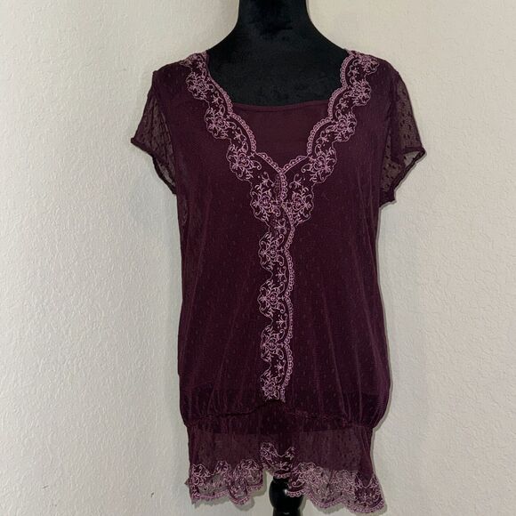 Y2K Apt 9 Blouse Top Women's Large Burgundy Nylon Lined Embroidered V-Neck - Picture 1 of 7